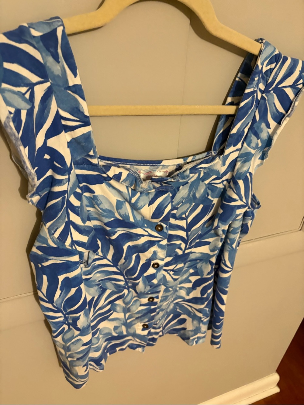 Blue Leaf-Print Button Front Women's Tank Top